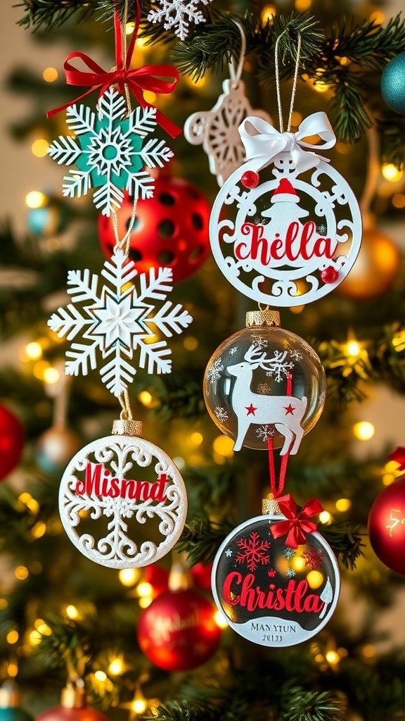 Colorful vinyl Christmas ornaments with unique designs hanging on a decorated tree.